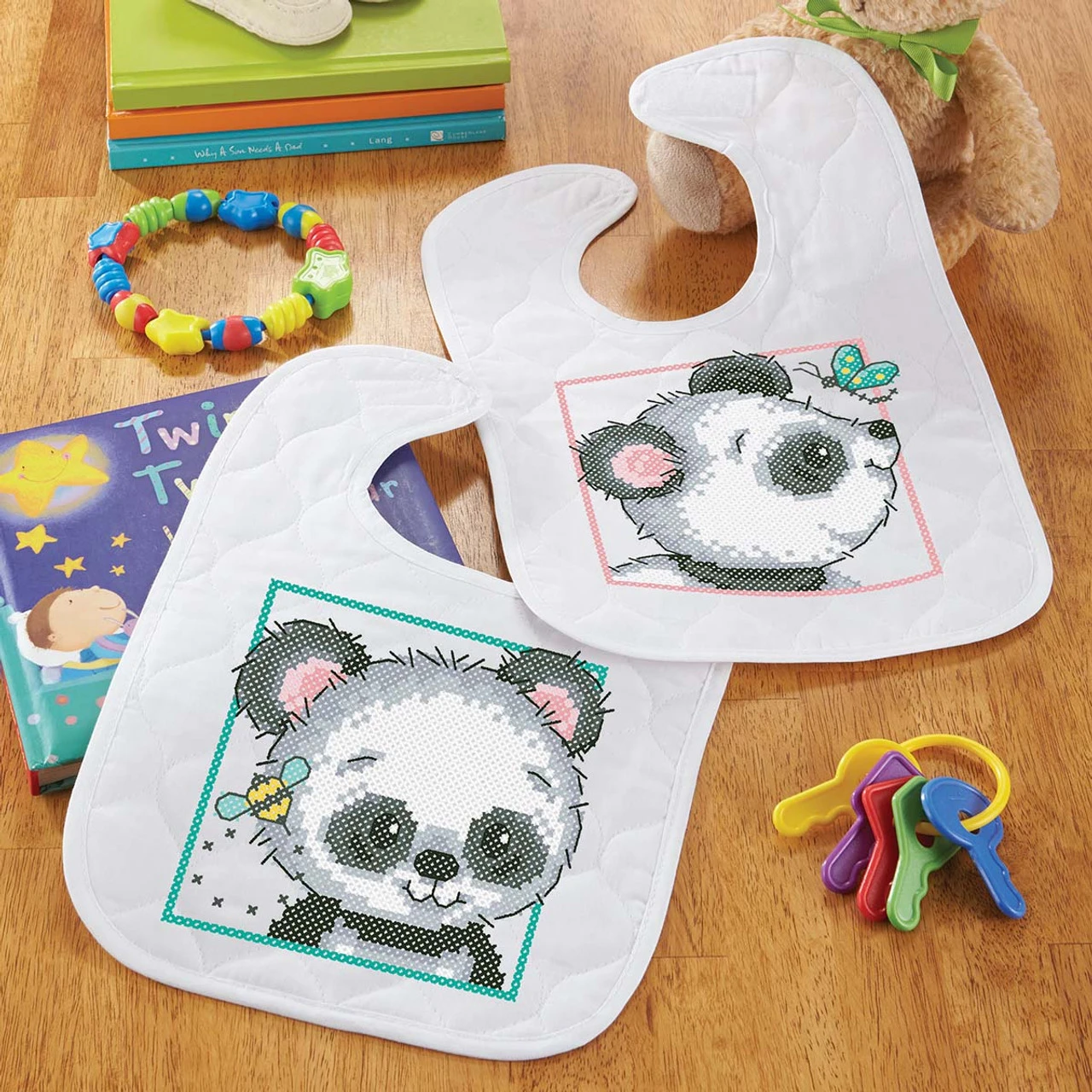 Herrschners Playful Pandas Bibs Stamped Cross-Stitch Kit 3 Herrschners Playful Pandas Bibs Stamped Cross-Stitch Kit