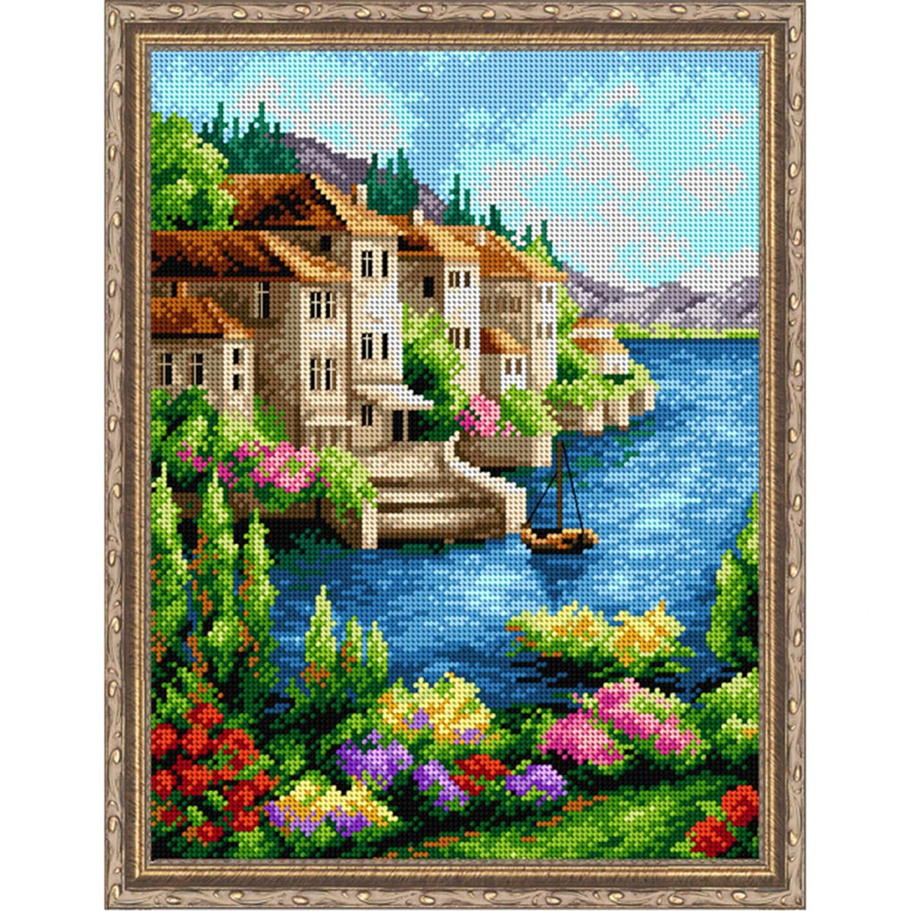 Orchidea Landscape With Flowers & Boat Needlepoint Canvas 3 Orchidea Landscape With Flowers & Boat Needlepoint Canvas