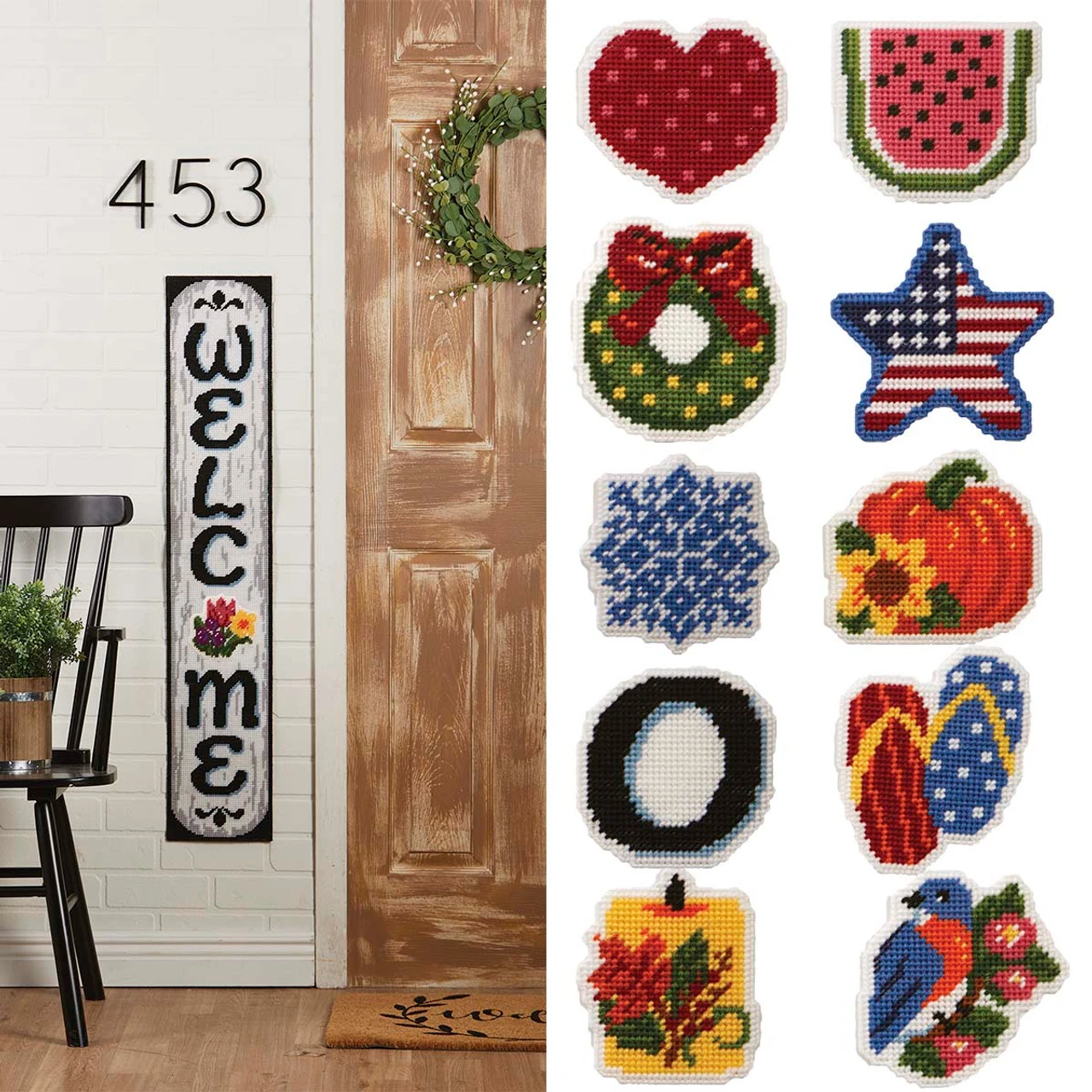 Herrschners Welcome Porch Board Wall Hanging Plastic Canvas Kit 3 Herrschners Welcome Porch Board Wall Hanging Plastic Canvas Kit